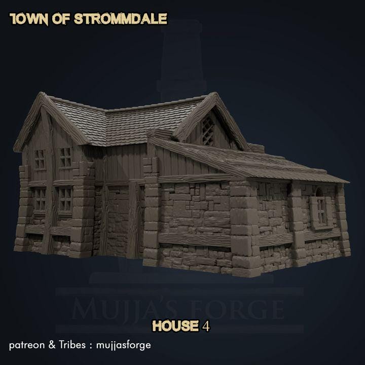 A meticulously crafted Rustic Medieval House from the Town of Strommdale series, featuring detailed stone and timber textures, a sloped shingle roof, and modular sections for interior gameplay. Perfect for enhancing tabletop RPGs and skirmish games.