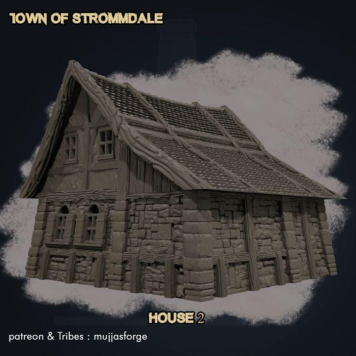 A Rustic Barnhouse from the Town of Strommdale series, featuring a modular roof, open loft, and detailed stone-and-timber construction. Perfect for tabletop RPGs and skirmish games, enhancing immersive gameplay.