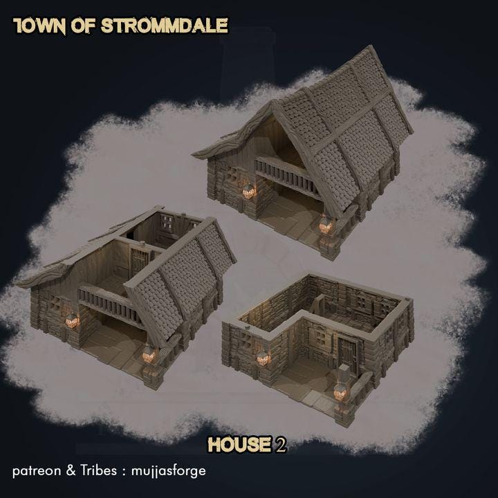 A Rustic Barnhouse from the Town of Strommdale series, featuring a modular roof, open loft, and detailed stone-and-timber construction. Perfect for tabletop RPGs and skirmish games, enhancing immersive gameplay.