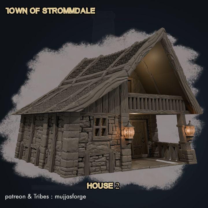 A Rustic Barnhouse from the Town of Strommdale series, featuring a modular roof, open loft, and detailed stone-and-timber construction. Perfect for tabletop RPGs and skirmish games, enhancing immersive gameplay.