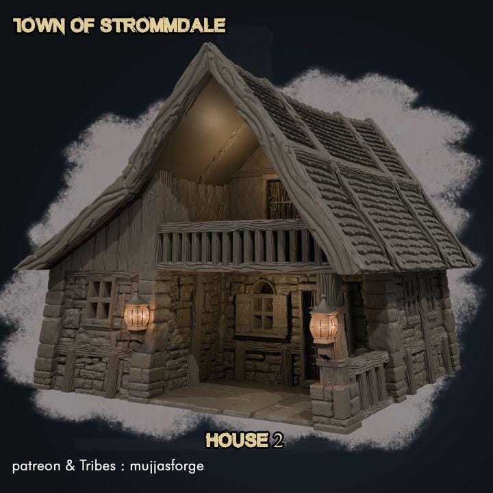 A Rustic Barnhouse from the Town of Strommdale series, featuring a modular roof, open loft, and detailed stone-and-timber construction. Perfect for tabletop RPGs and skirmish games, enhancing immersive gameplay.