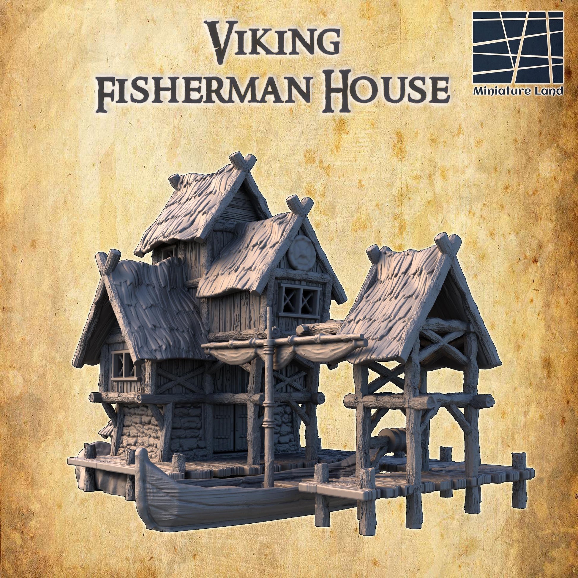 Exquisitely detailed Viking Fisherman House model with multiple structures, boat dock, and Norse design elements, ideal for historical RPGs and dioramas.