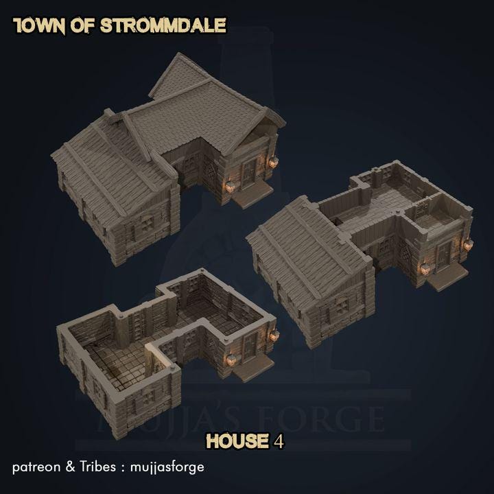 A meticulously crafted Rustic Medieval House from the Town of Strommdale series, featuring detailed stone and timber textures, a sloped shingle roof, and modular sections for interior gameplay. Perfect for enhancing tabletop RPGs and skirmish games.