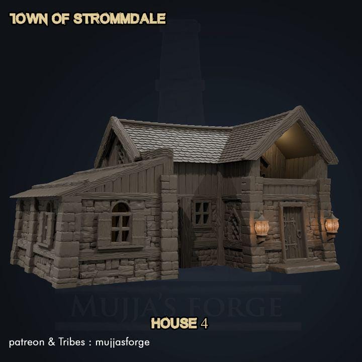 A meticulously crafted Rustic Medieval House from the Town of Strommdale series, featuring detailed stone and timber textures, a sloped shingle roof, and modular sections for interior gameplay. Perfect for enhancing tabletop RPGs and skirmish games.