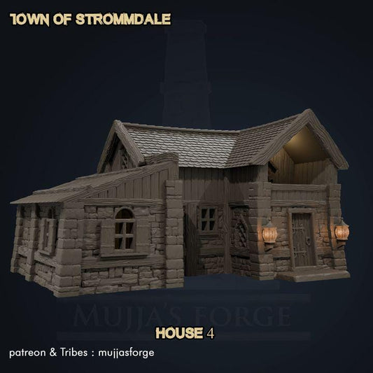 A meticulously crafted Rustic Medieval House from the Town of Strommdale series, featuring detailed stone and timber textures, a sloped shingle roof, and modular sections for interior gameplay. Perfect for enhancing tabletop RPGs and skirmish games.