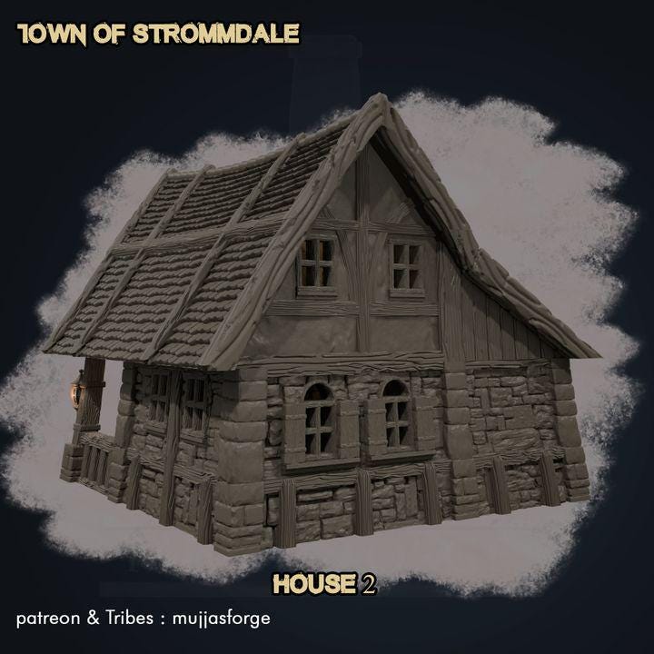 A Rustic Barnhouse from the Town of Strommdale series, featuring a modular roof, open loft, and detailed stone-and-timber construction. Perfect for tabletop RPGs and skirmish games, enhancing immersive gameplay.