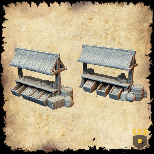 Market Stalls Set: Medieval Merchant Setup - RPG and Model Railroading Scenery, with Handcrafted Detailing