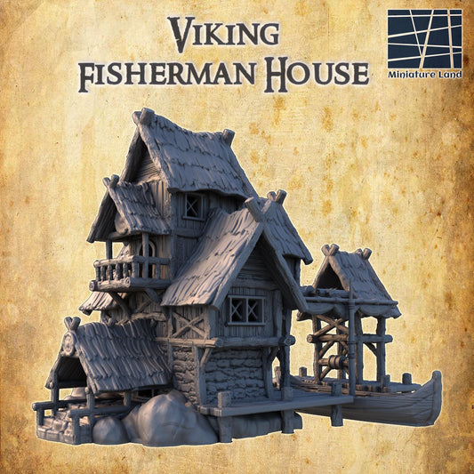 Exquisitely detailed Viking Fisherman House model with multiple structures, boat dock, and Norse design elements, ideal for historical RPGs and dioramas.