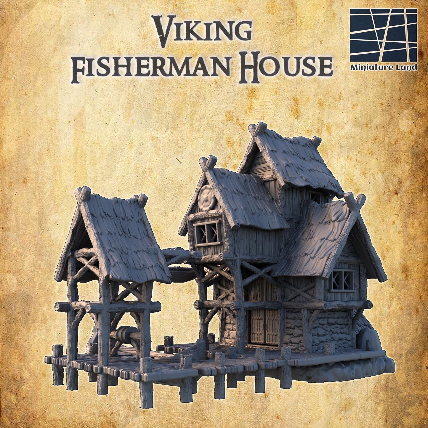 Exquisitely detailed Viking Fisherman House model with multiple structures, boat dock, and Norse design elements, ideal for historical RPGs and dioramas.