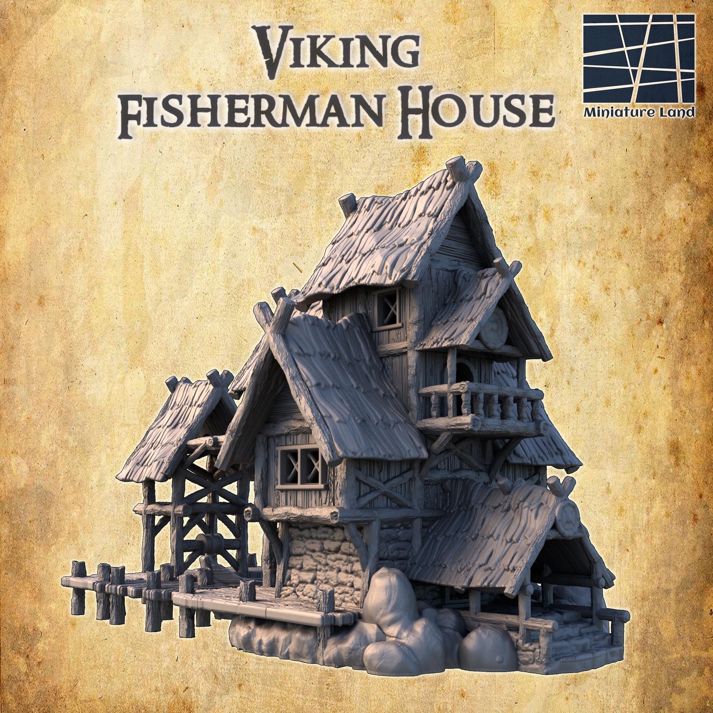 Exquisitely detailed Viking Fisherman House model with multiple structures, boat dock, and Norse design elements, ideal for historical RPGs and dioramas.