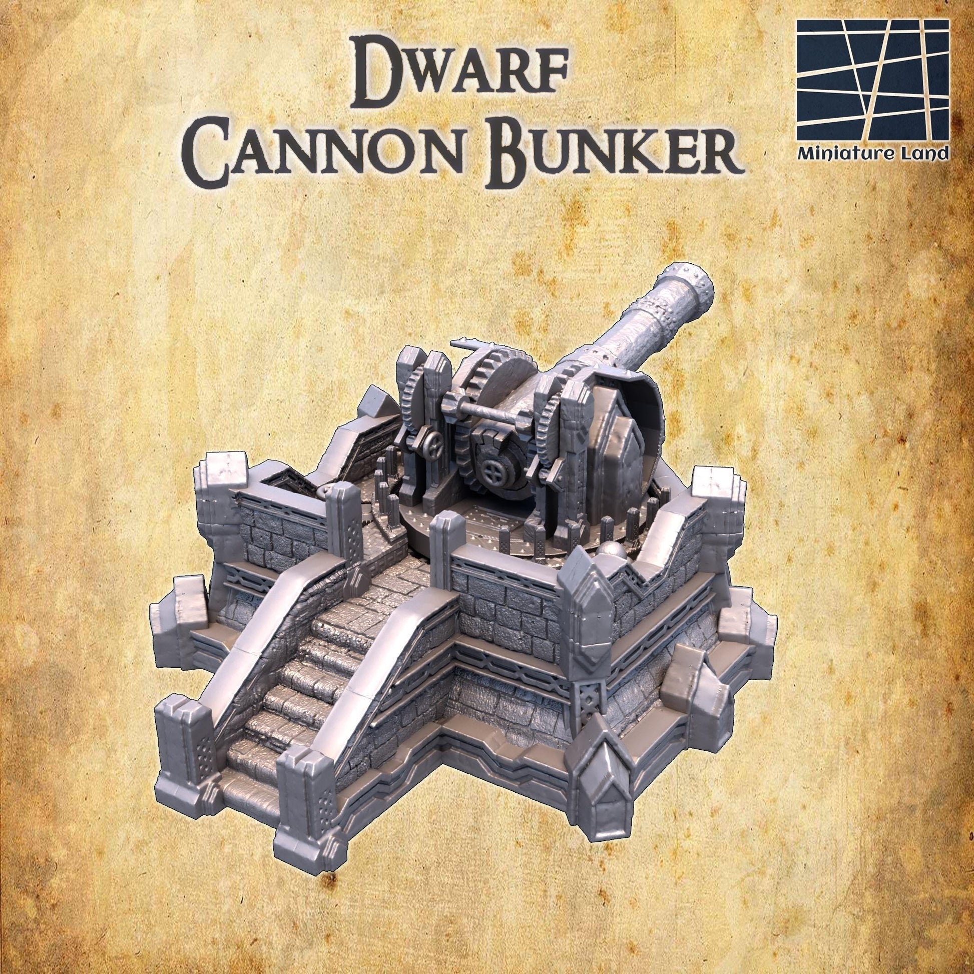 Detailed 3D printed model of a Dwarf Cannon Bunker, featuring a large cannon, mechanical gears, and fortified walls.