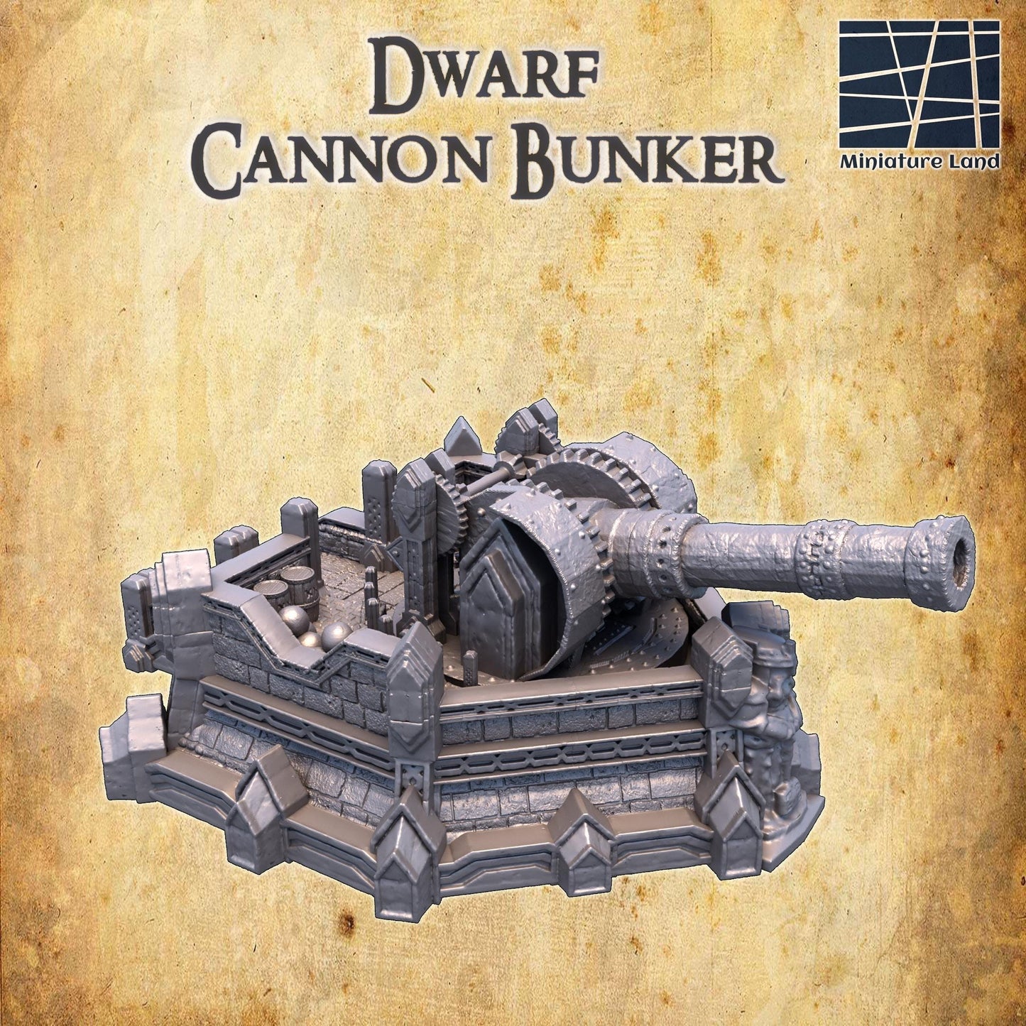 Detailed 3D printed model of a Dwarf Cannon Bunker, featuring a large cannon, mechanical gears, and fortified walls.