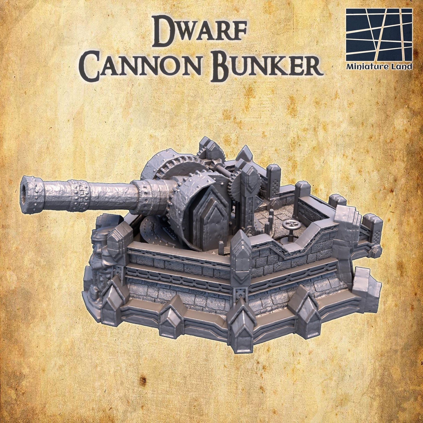 Detailed 3D printed model of a Dwarf Cannon Bunker, featuring a large cannon, mechanical gears, and fortified walls.