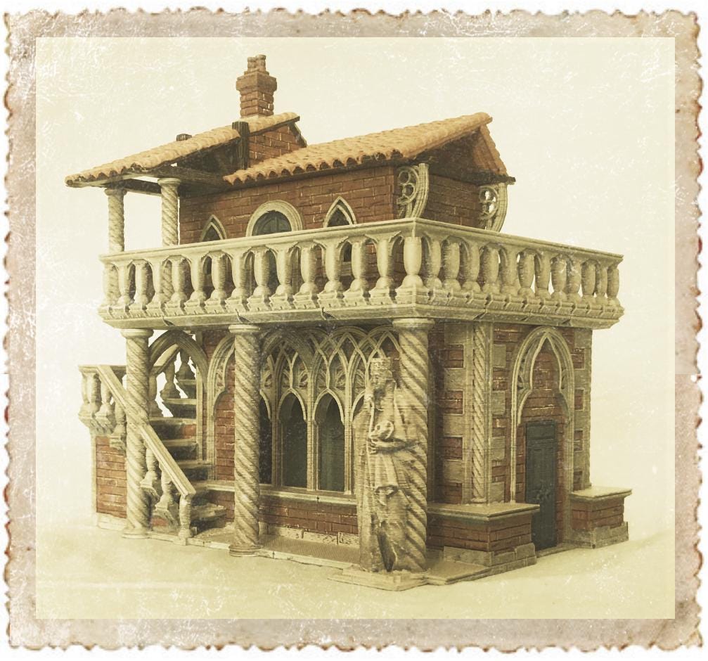 Gothic Balcony Villa: Medieval Architectural Model Kit for Tabletop RPGs and Historical Dioramas