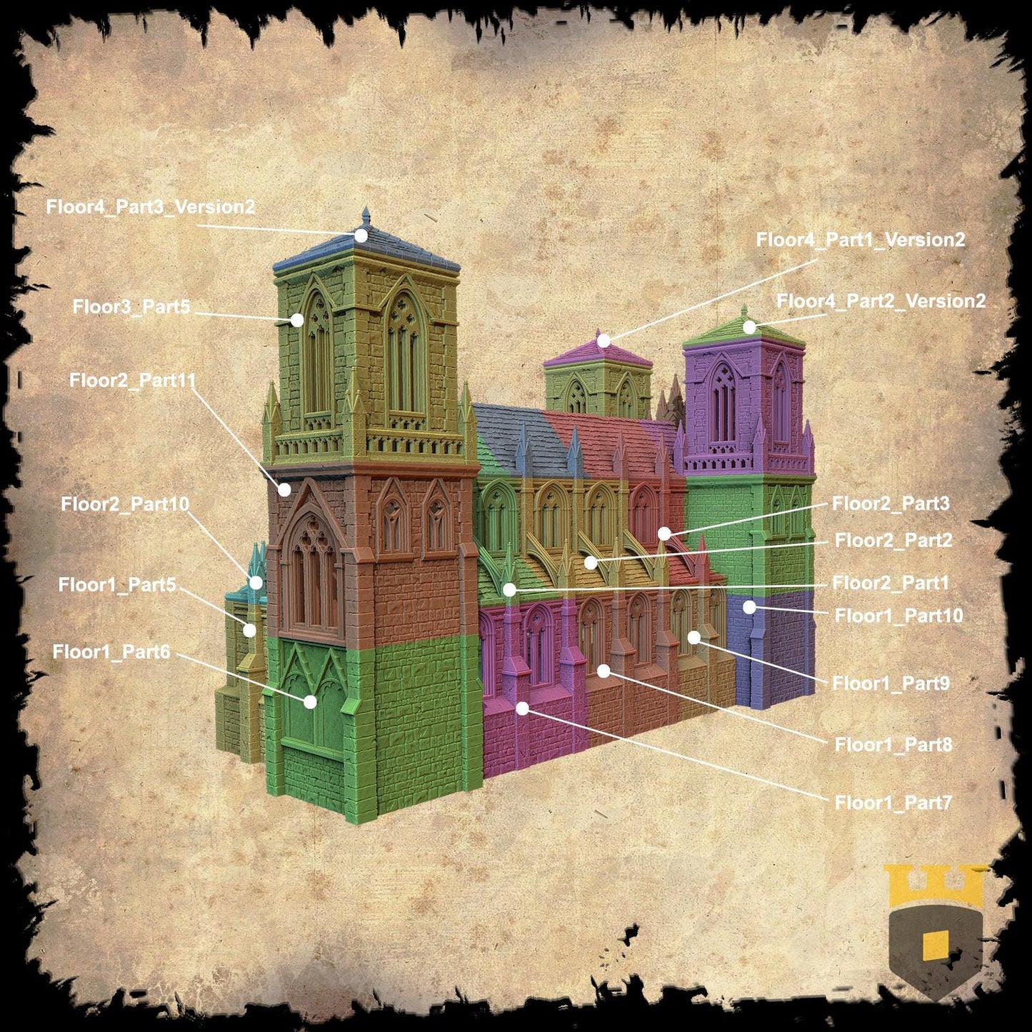 Stunning 3D printed model of a medieval gothic cathedral with intricate design, multiple floors, playable interiors, and historical detailing. Perfect for tabletop RPGs and dioramas.