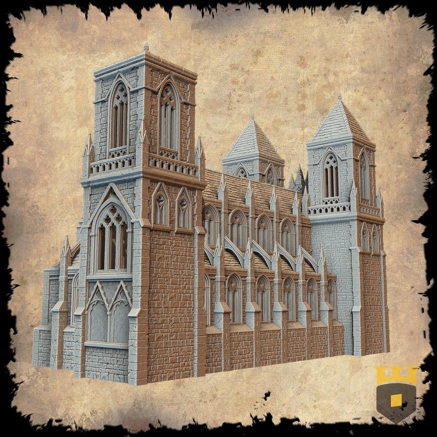 Stunning 3D printed model of a medieval gothic cathedral with intricate design, multiple floors, playable interiors, and historical detailing. Perfect for tabletop RPGs and dioramas.