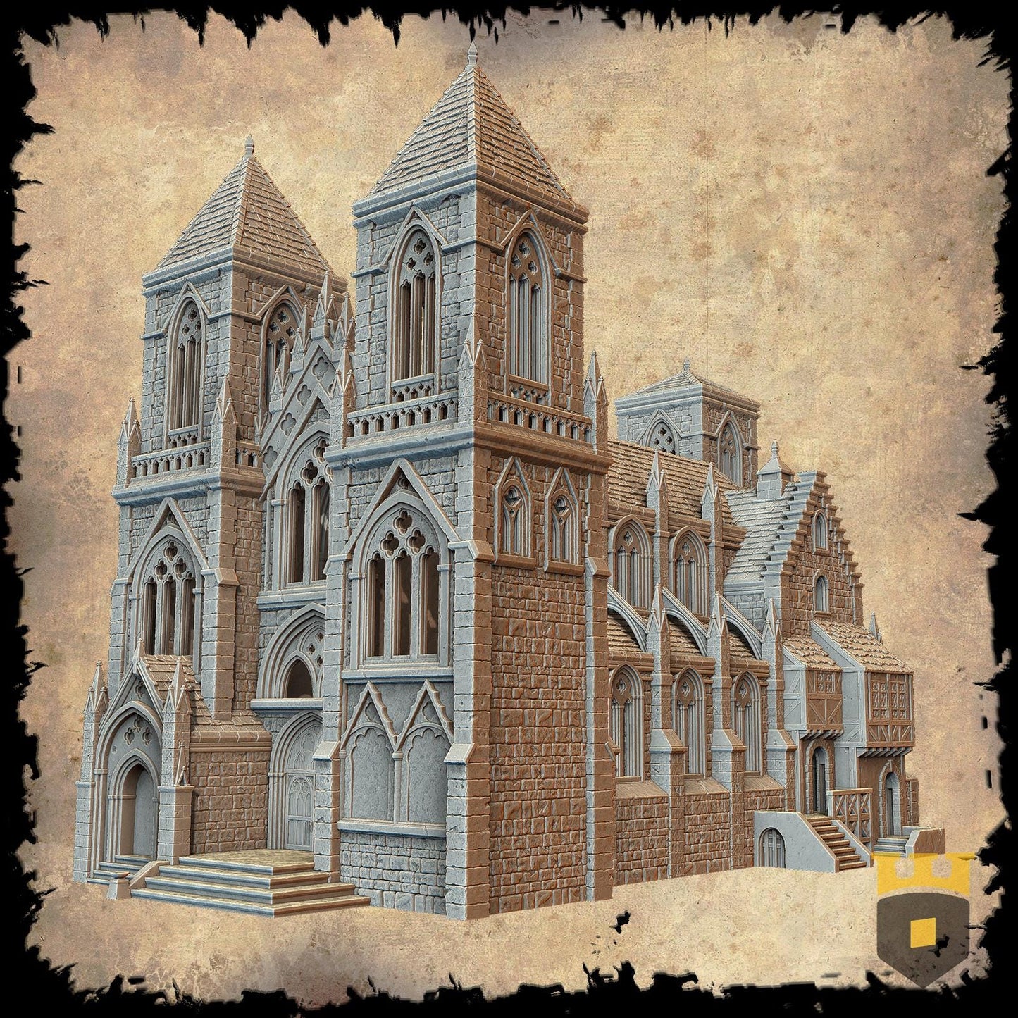 Stunning 3D printed model of a medieval gothic cathedral with intricate design, multiple floors, playable interiors, and historical detailing. Perfect for tabletop RPGs and dioramas.