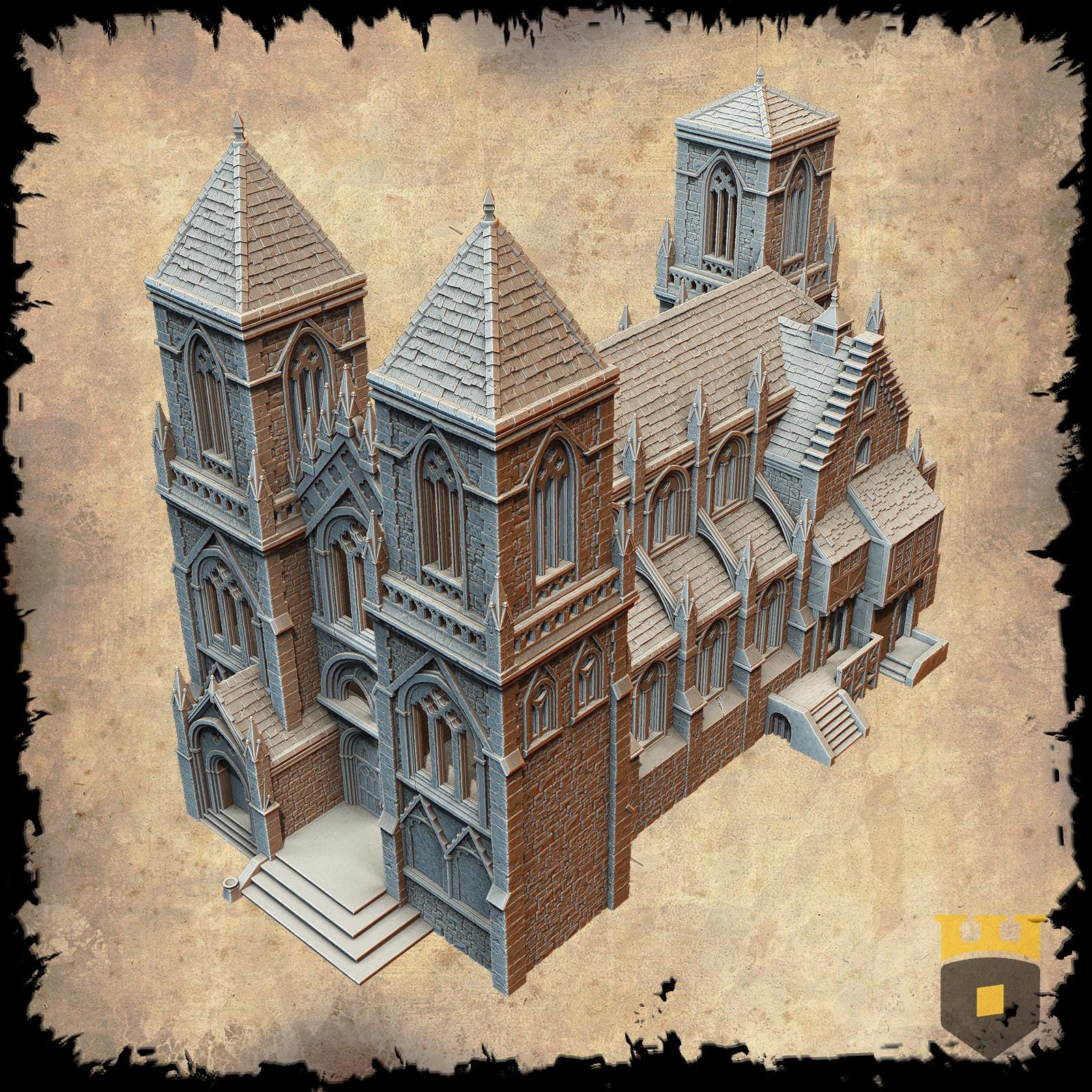 Stunning 3D printed model of a medieval gothic cathedral with intricate design, multiple floors, playable interiors, and historical detailing. Perfect for tabletop RPGs and dioramas.