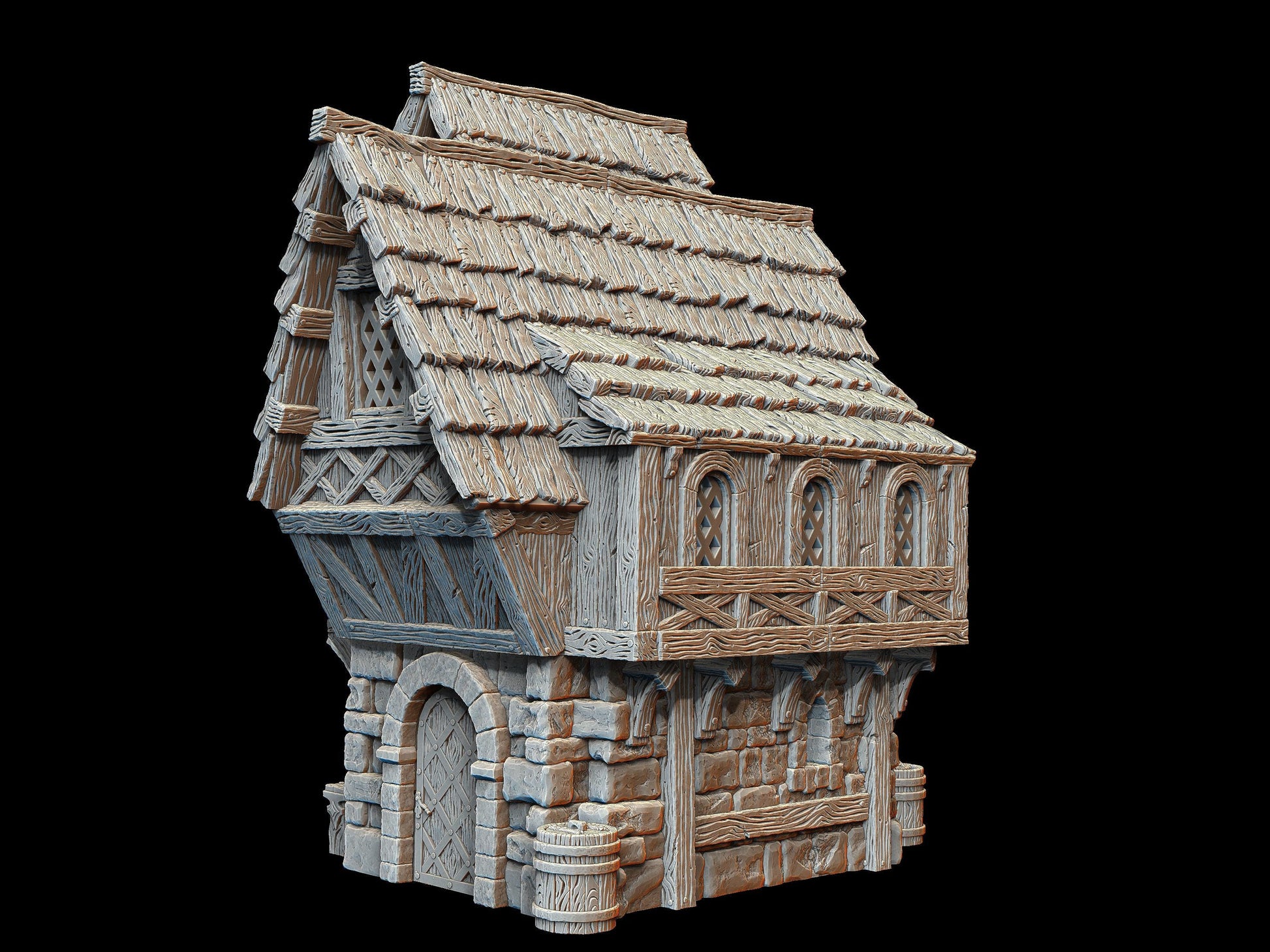 Detailed model of a Small Market Merchant House with stone base, wooden structure, and thatched roof, featuring fabric awnings and exterior staircase.