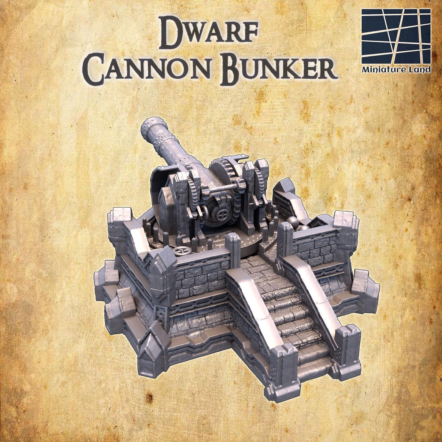 Detailed 3D printed model of a Dwarf Cannon Bunker, featuring a large cannon, mechanical gears, and fortified walls.