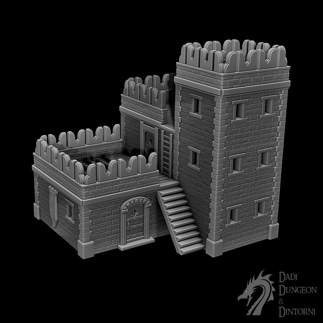 Barracks Set, Terrain, Warhammer, Dungeons and Dragons, 28mm Terrain, Mid City Barracks, Fort, Tower Fort, Defense, Training Center, Training, Scatter, Tabletop