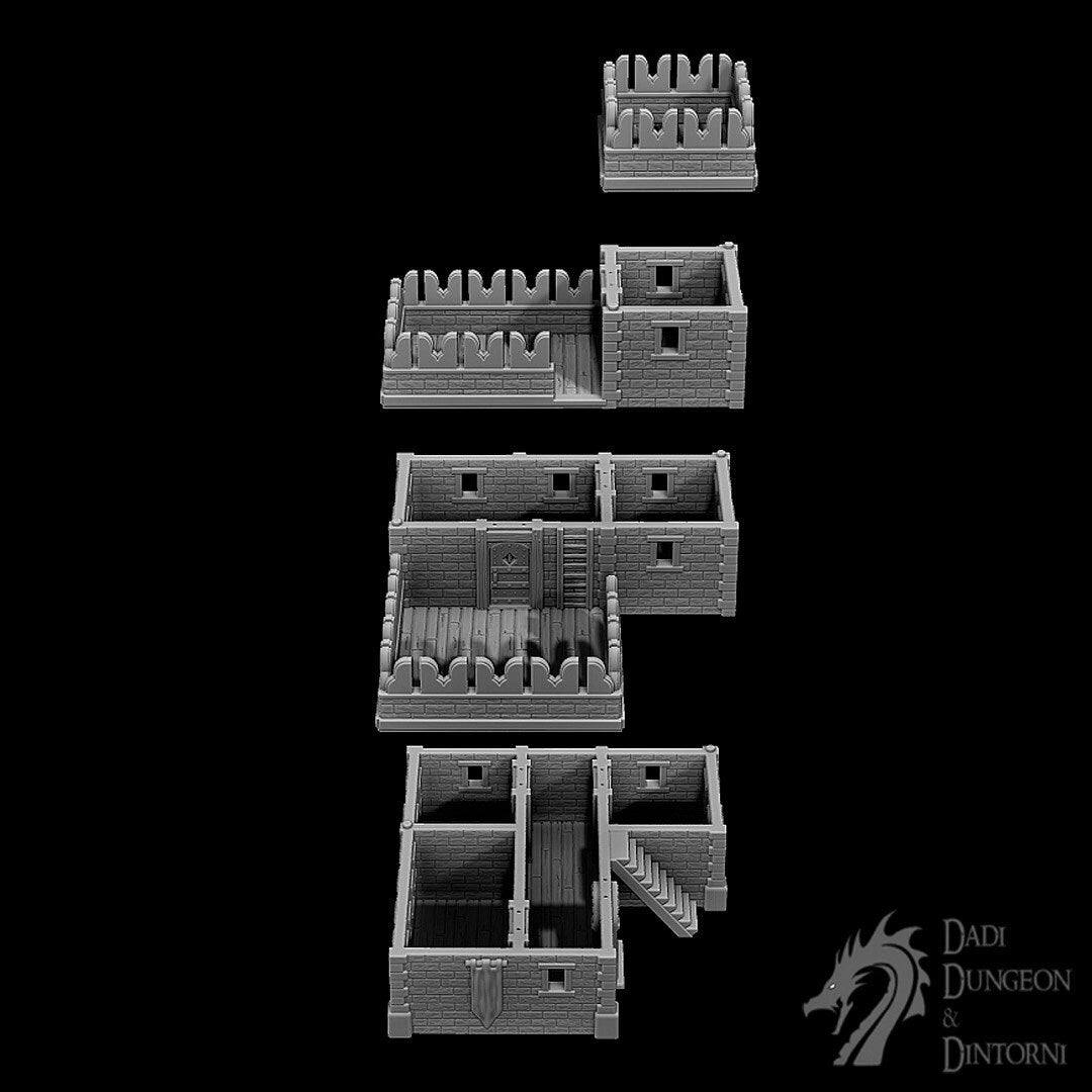 Barracks Set, Terrain, Warhammer, Dungeons and Dragons, 28mm Terrain, Mid City Barracks, Fort, Tower Fort, Defense, Training Center, Training, Scatter, Tabletop